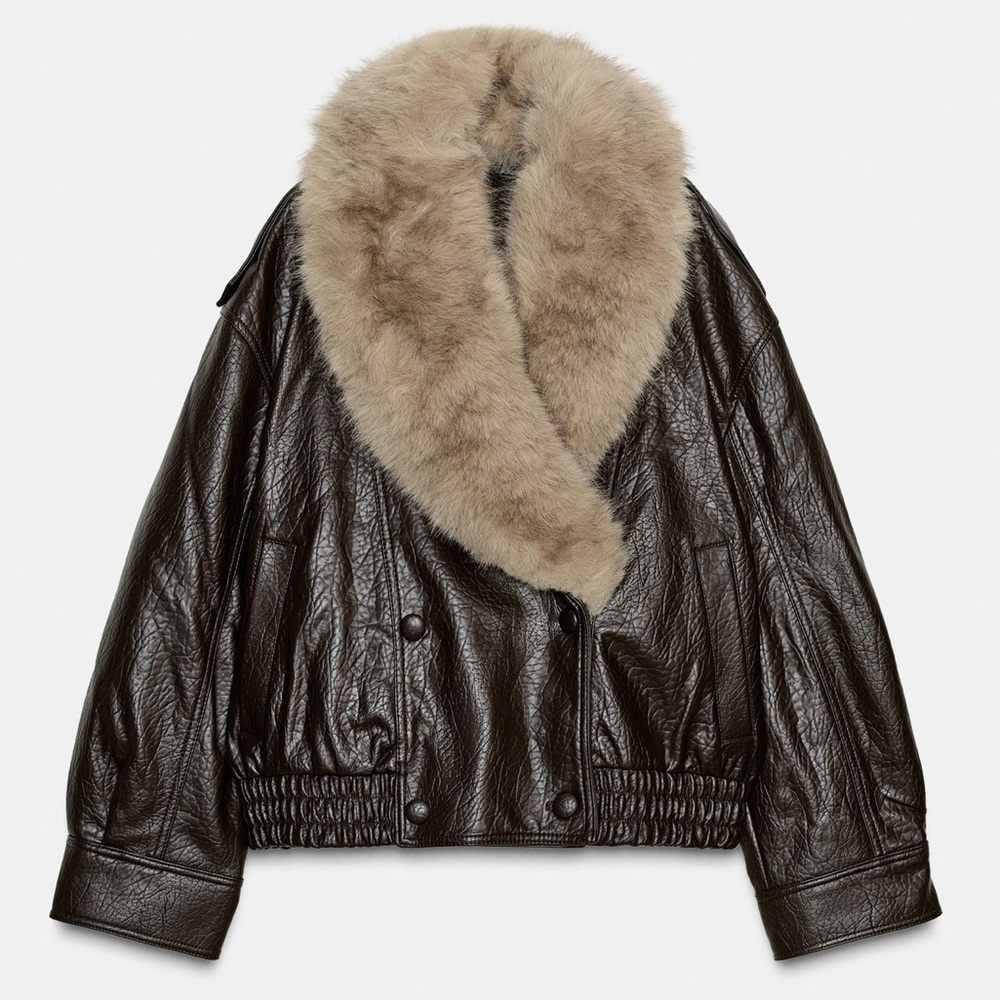 ZARA Viral Women's Brown Faux Leather Jacket with Fur Collar